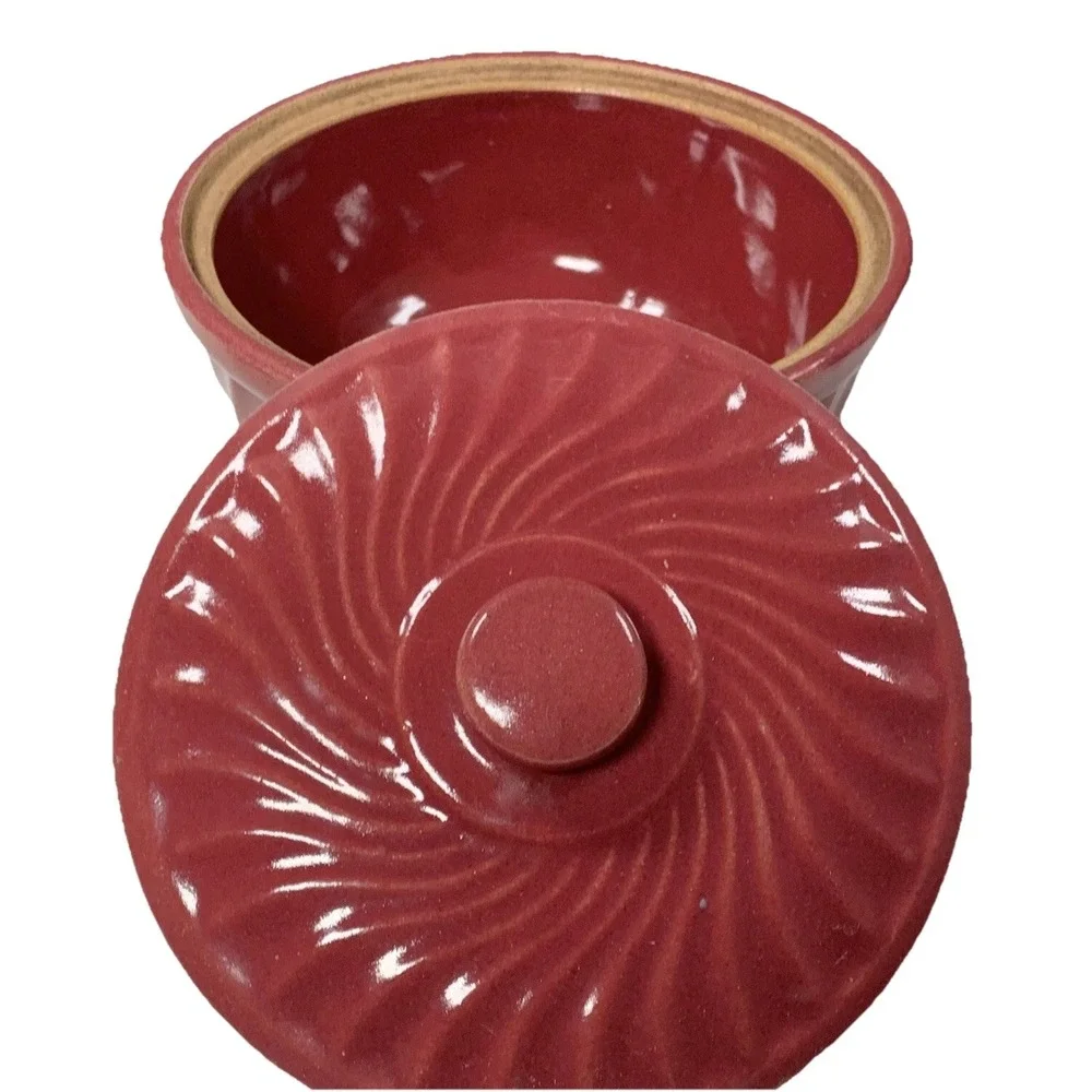 Vintage Bean Pot Casserole Dish Lidded Red Swirl Pottery USA Oven Ware Rustic